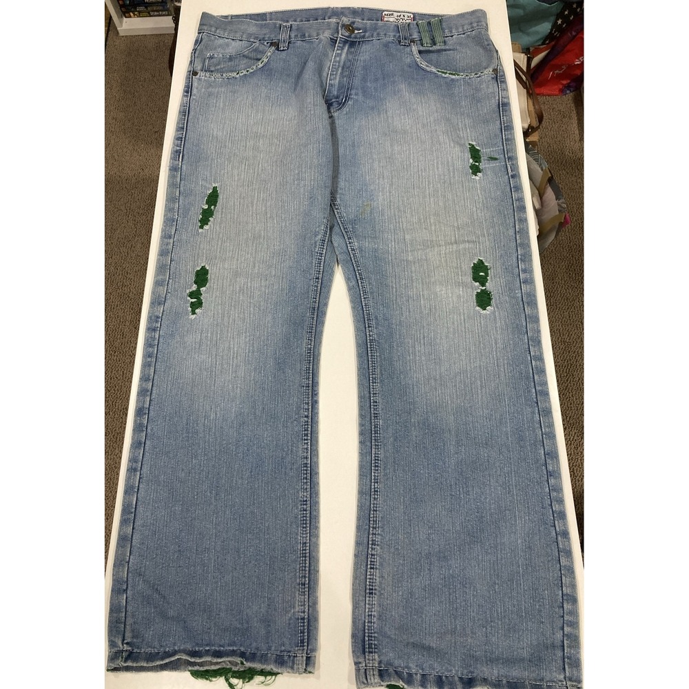 DODECA Denim Jeans 40x31 Y2K Baggy Wide-Leg Light Blue w/Green Detail